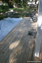 The pressure treated wood next to the koi pond did not have paint on it. It was cleaned, sanded and buffed.